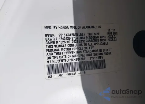 2017 Honda Pilot Touring z USA, uszkodzony, nr VIN 5FNYF5H94HB047661